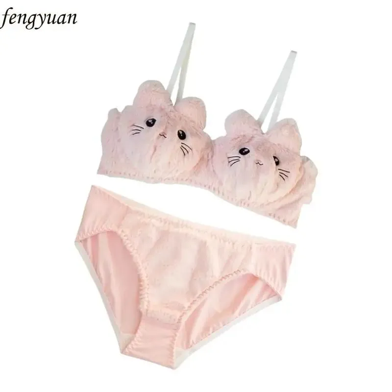 B2QE Women Plush Bra Panty Set Funny Cats Bra Panties Set Cartoon Plush Underwear Soft Lovely Student Girls Lingerie Gifts