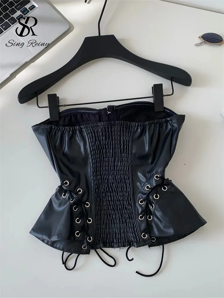 PU Leather Sensual Club Bustier Strapless Slim Lace Up Shirred Backless Camis Female Edgy Streetwear Fashion Tank Tops — image 6