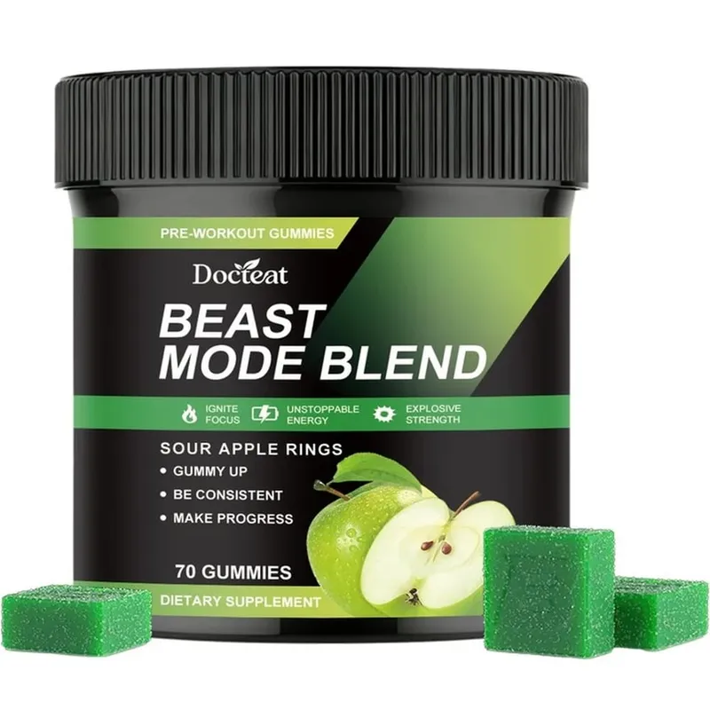 Docteat Beast Mode Blend Pré-entraînement Gummies Concentration énergétique et soutien à l'endurance pour l'entraînement en force et les journées de gym actives 70 pièces