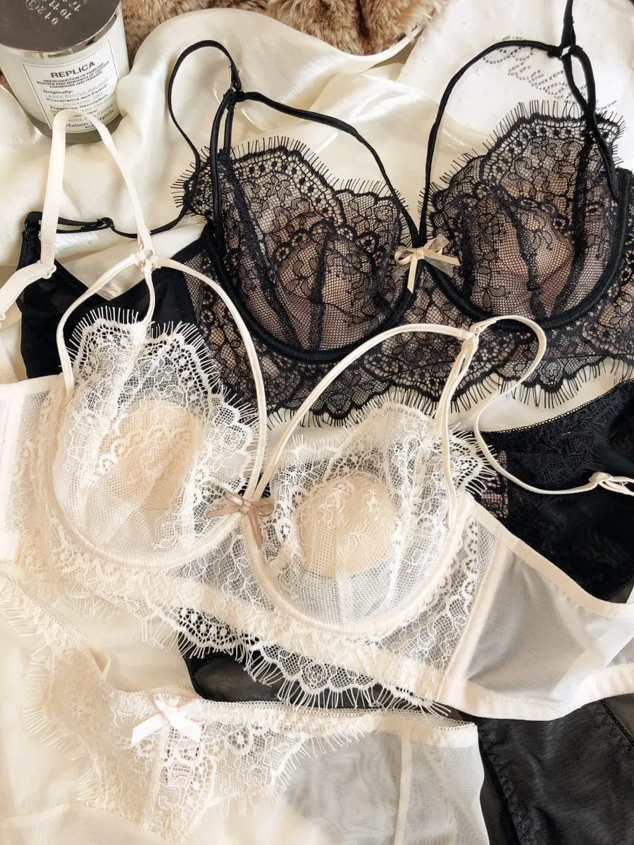 Sexy Hohl-BH-Slip-Set, französische dünne Tasse, Spitze, Stickerei, Damen-Unterwäsche, drahtfrei, Bralette, Polsterung, Komfort, Plus-Size-Dessous