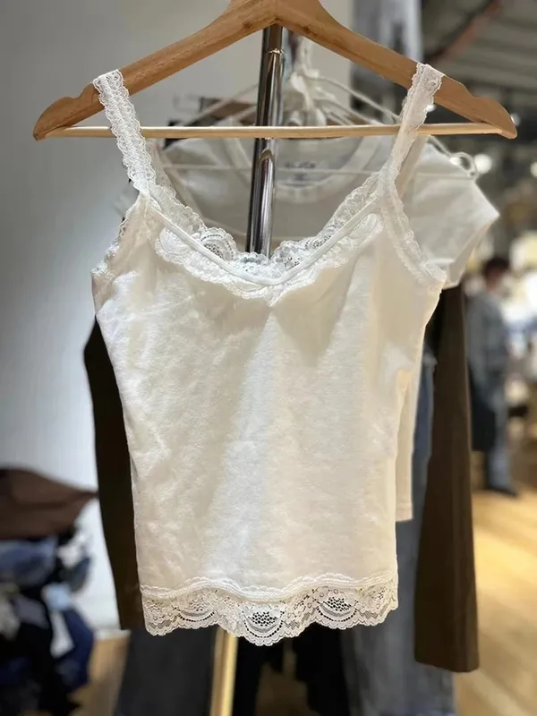 달콤한 레이스 패치 워크 슬림 탱크 탑 여성 여름 흰색 섹시한 단순 코튼 소프트 민소매 조끼 여성 빈티지 세련된 Y2K 캐미솔 — image 5