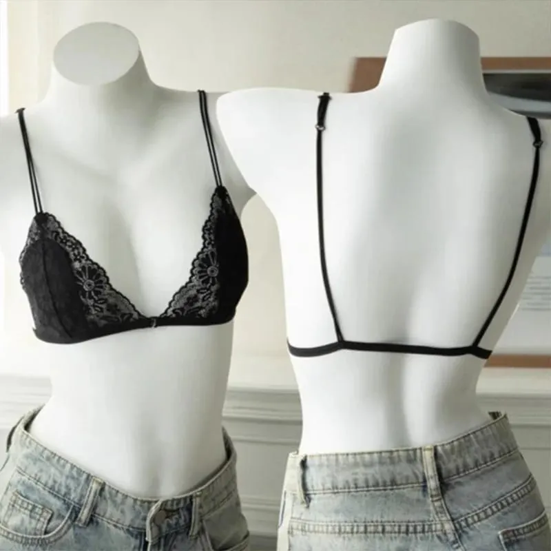 Reggiseno a triangolo sottile in pizzo sexy stile francese con bottone frontale Intimo senza fili da donna senza anello in acciaio Bellissimo reggiseno sulla schiena