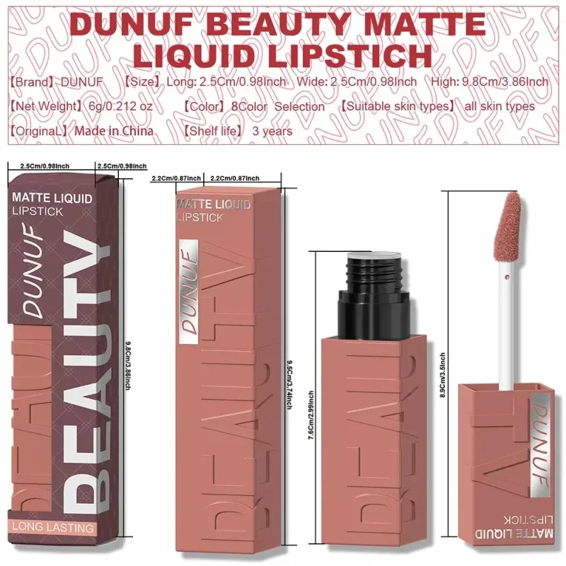 Batom labial fosco, 8 cores, suave, fácil de aplicar, tubo quadrado de brilho, veludo, à prova d'água, tridimensional, sexy, maquiagem de batom — image 6