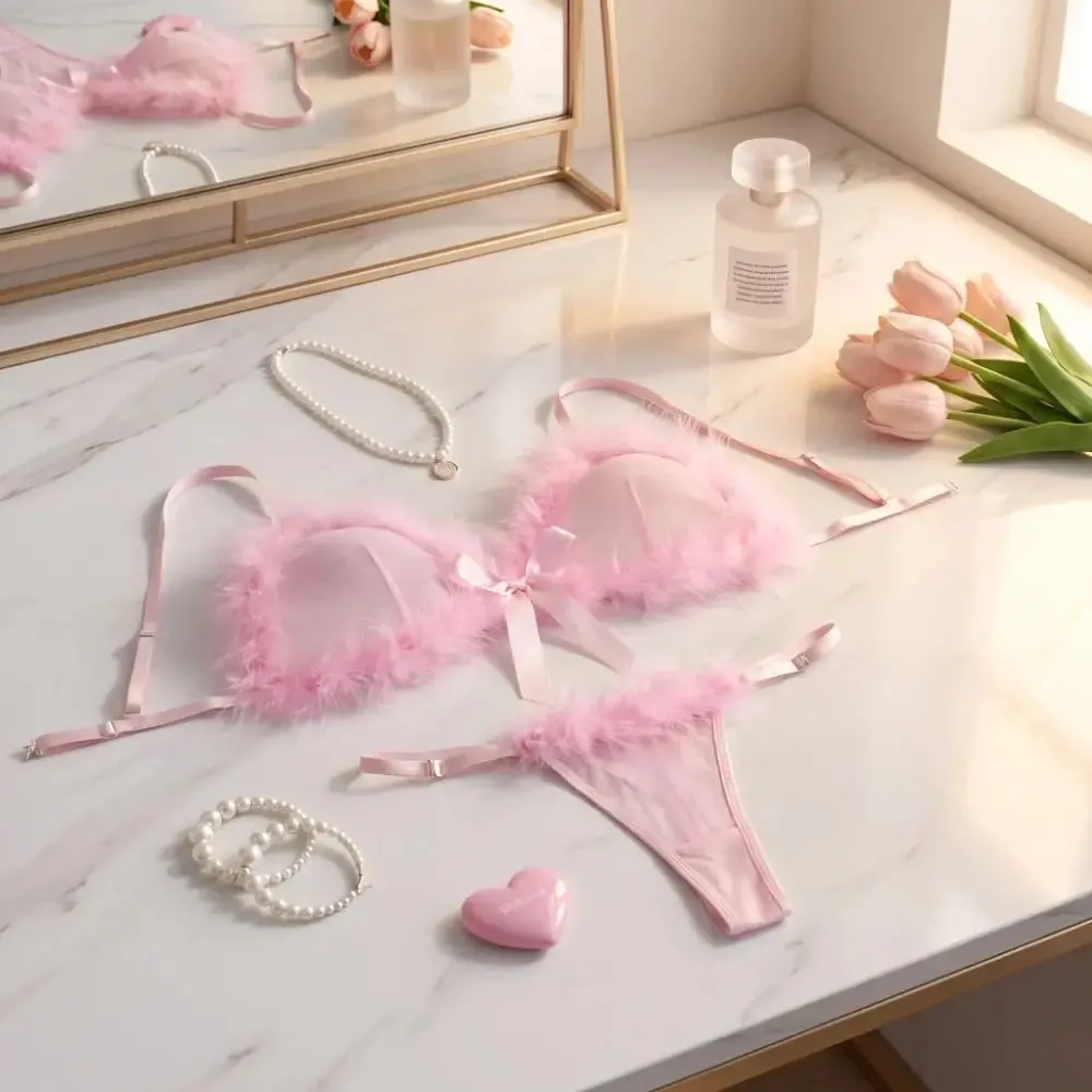 New Year Furry Women's Underwear Mesh Transparent Bow Decor Lingerie Set Romantic Intimate Wireless Bra Panties Suit Anniversary — image 6