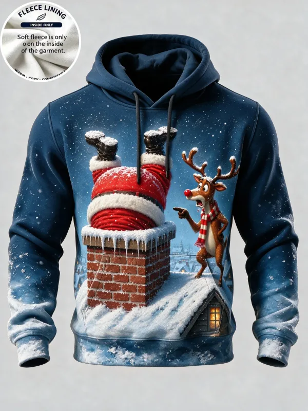 3D Print Christmas Fleece Hoodie Funny Santa Stuck In Chimney Reindeer Snow Scene Pullover Long Sleeve Holiday Sweatshirt — image 4
