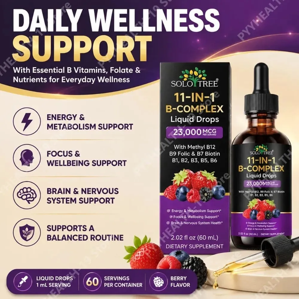 B-Complex Liquid Drops 11 em 1 Metil B12 Folato Biotina para foco energético e fórmula de suporte nervoso cerebral adulto 60ml — image 2