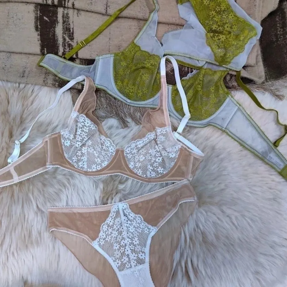 French Vintage Mesh Lace Flower Bra Set Brassiere Lingerie Push Up Bra Women Seamless Underwear Lace Floral Underpants Girl — image 4