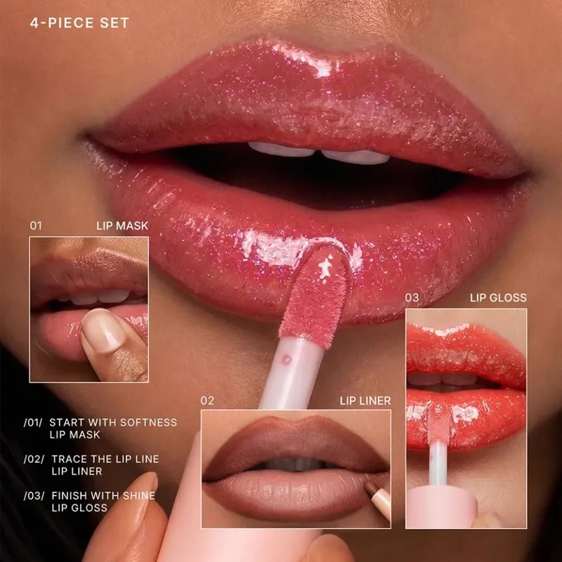 4 ชิ้น/ชุดมังสวิรัติแต่งหน้า Lip GLOSS Matte ลิปสติก Lip Liner Lip Mask ชุดฉลากส่วนตัวโลโก้ที่กำหนดเองขายส่ง