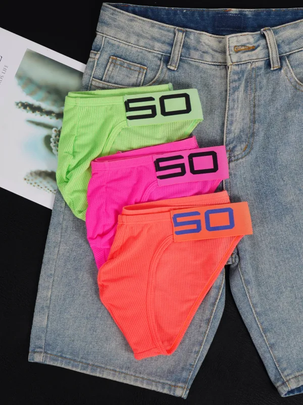 Panlalaking Nylon Blend Mesh Breathable Briefs Horn Splice Letter Embossed Malapad na Elastic Waistband Kulay Fluorescent Sexy Underwear
