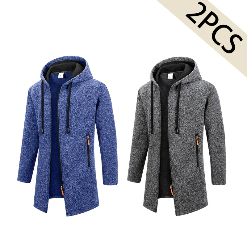 2Pcs Set Men Mid-Length Full Zip Hooded Jacket Fleece Lined Warm Coat with Drawstring Hood & Zipper Pockets Casual Outerwear for Fall Winter Daily Wear — image 21
