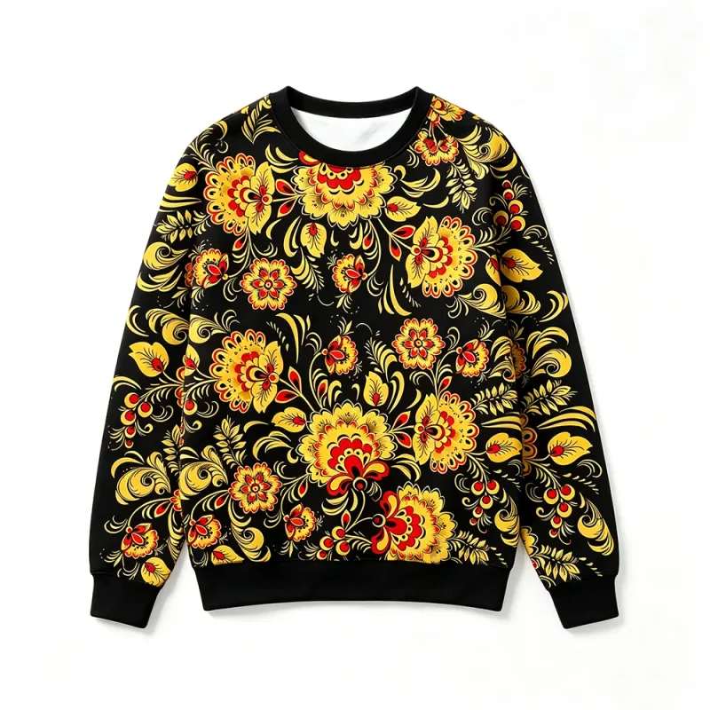 Traditional Russian Khokhloma Floral Print Sweatshirt Autumn Casual O-Neck Pullover Long Sleeve Tops Unisex Vintage Streetwear — image 3