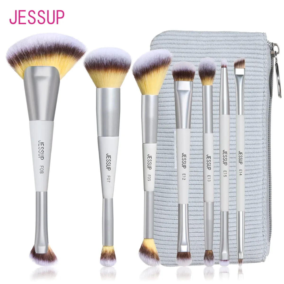 Jessup pincéis de maquiagem conjunto 3/7 pçs dupla terminou base sintética blush destaque mistura escova de sobrancelha com saco cinza silencioso t520 — image 1