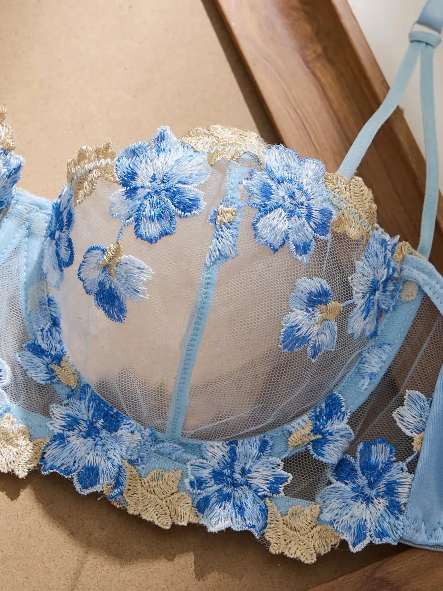 Romantic Fairy Floral Embroidery Lingerie Set Sheer Mesh Longline Bra Panty Set Women Sexy See‑Through Mesh Intimate Sleepwear — image 5