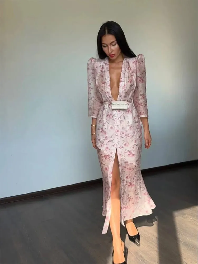 Fesyen Seksi Organza Floral Printed Maxi Dress V-neck Puff Sleeve 2026 Musim Panas Baru Romantik Wanita Gaun Pesta Wanita Elegan Vestido