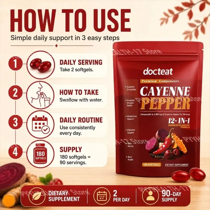 Cayenne Pepper Softgels with 12-in-1 Enhanced Botanical Formula for Antioxidant and Vascular Health Support 180 Softgels