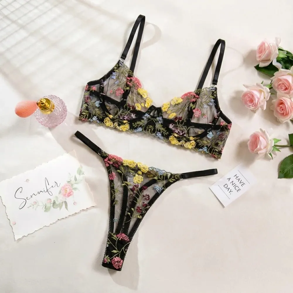 2-Piece Floral Lingerie Set Sheer Versatile Underwear Intimates Embroidery Underwire Push-up Bra Panty Set For Lady Girl