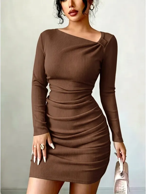 Women's Autumn Casual Elegant Solid Color Dress Mini Skirt Length Long Sleeved Pit Stripe Slanted Collar Fashion