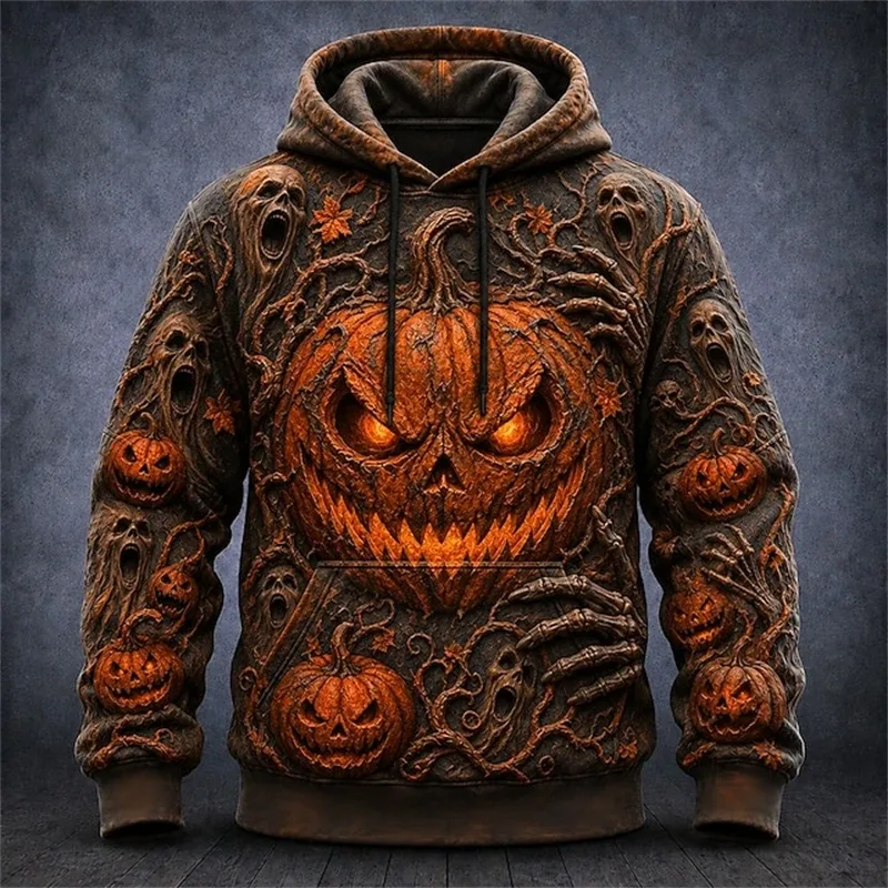 Men's Autumn Winter Halloween Hoodie Casual Pullover with Spooky Skull Print Loose Fit Festive Street-Style Top for Parties