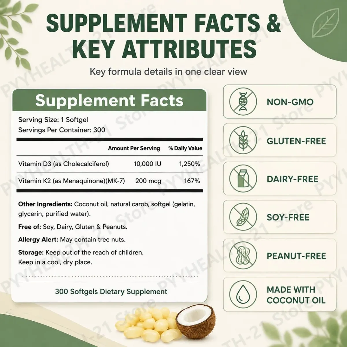 Vitamin D3 10000 IU K2 MK-7 200 mcg Softgels with Coconut Oil 2 in 1 Supports Strong Bones Immune Function Heart Health 300 Ct — image 4