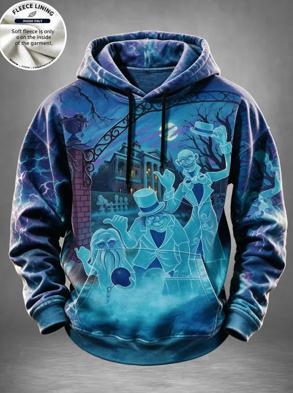 Men Fleece Lined Hoodie Halloween Werewolf Red Moon Print Pullover Hooded Sweatshirt Street Hoody — image 5