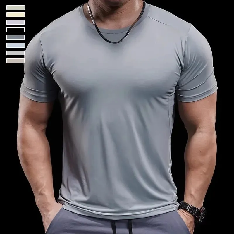 Summer New Basketball Men's Running Training Sports Gym Fitness High Elastic Quick-drying Casual Short-sleeved T-shirt Tops — image 2