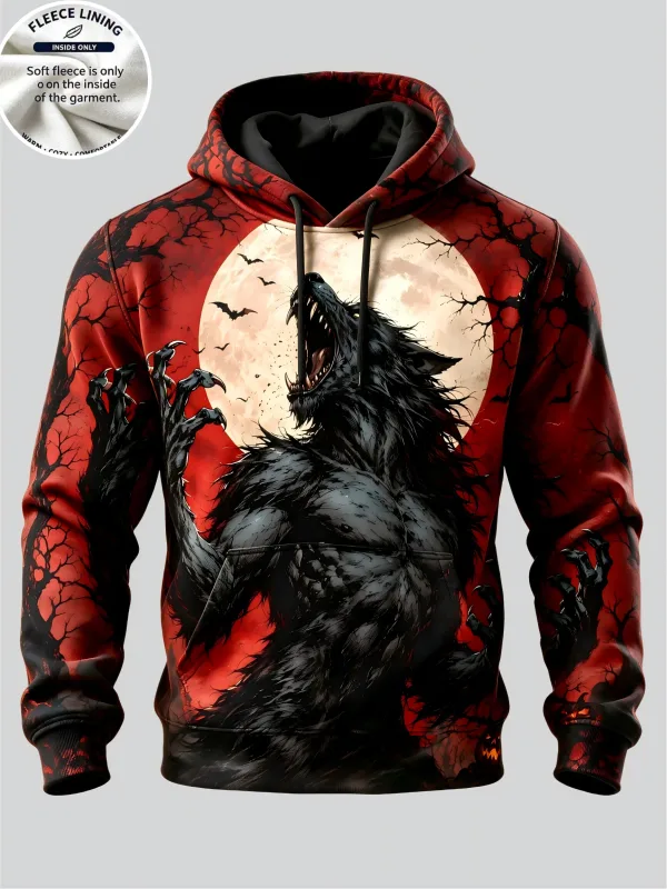 Men Fleece Lined Hoodie Halloween Werewolf Red Moon Print Pullover Hooded Sweatshirt Street Hoody — image 4