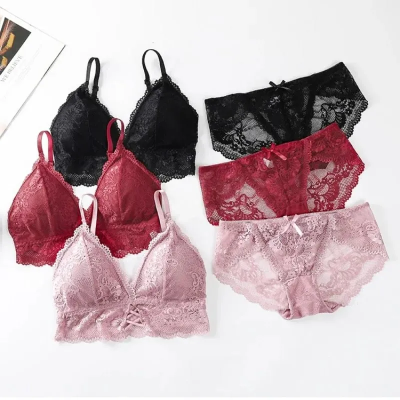 Lace Bra Set for Women Wirefree Bralette Front Criss‑Cross Floral Lace Underwear Sexy Lingerie 2‑Piece Bra And Panty Kit — image 4