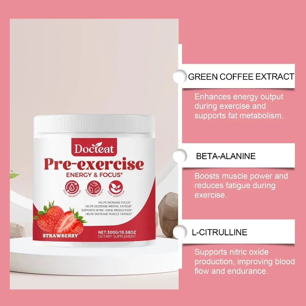 Docteat Pre Workout Powder Strawberry Energy & Focus Support Beta-Alanine L-Citrulline Rhodiola 300g 30 Portioner Drikkeblanding — image 5