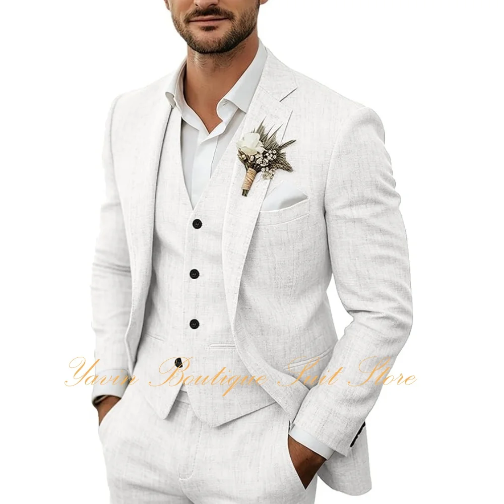 Summer Men's Linen Suits Casual Blazer 3 Piece Jacket Vest Pants Suit Set for Men Wedding Business Prom Tuxedo Suits