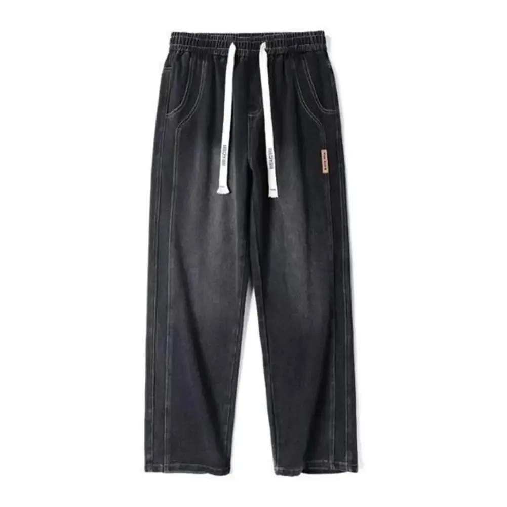 Non-deformed Men Gradient Color Jeans Versatile Men's Elastic Waist Denim Pants Adjustable Drawstring Solid Color for Casual