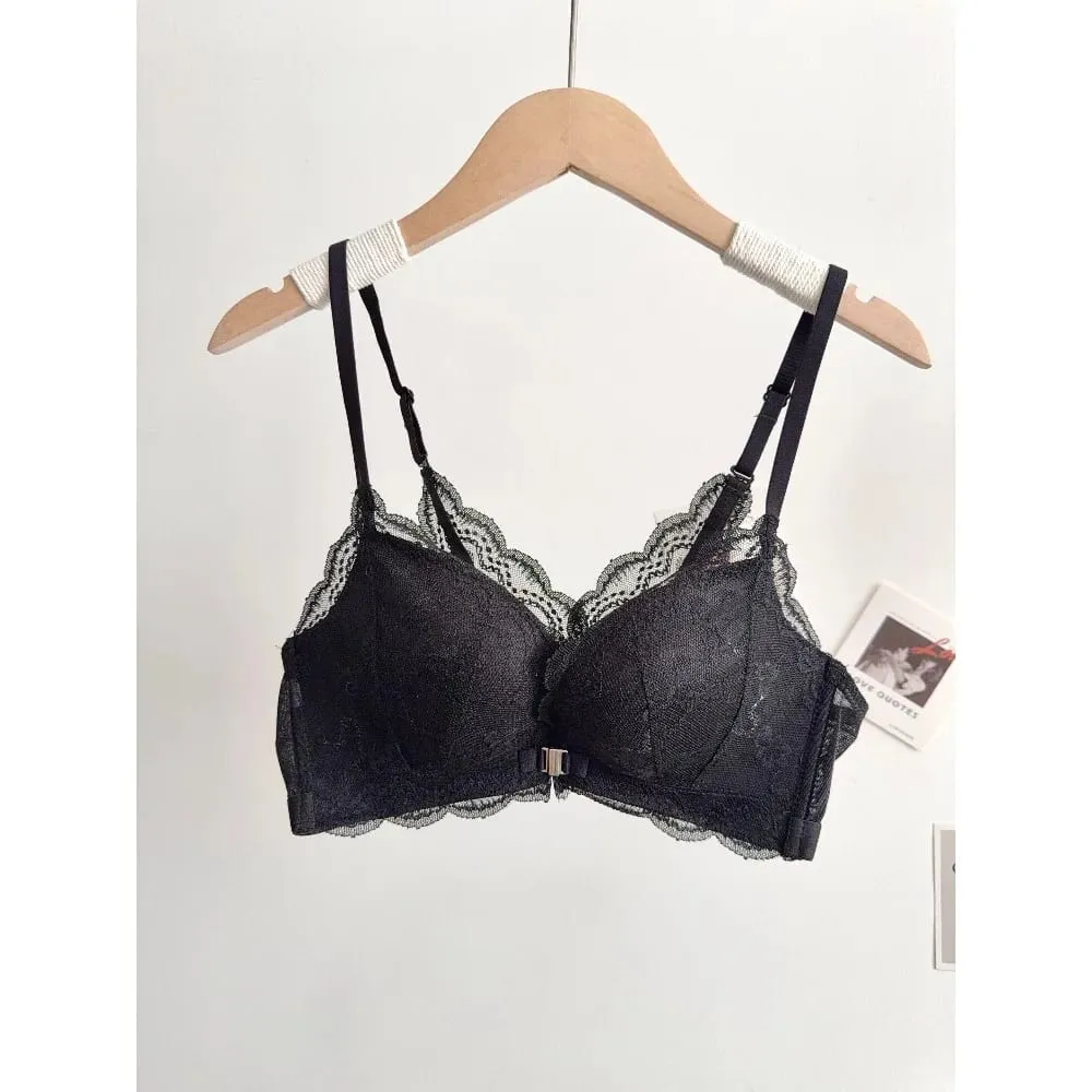 Women Small Bust Lace Bra Set Front Closure Wireless Beautiful Back Push‑Up Brassiere Soft Daily Lingerie Underwear Size 32‑38AB