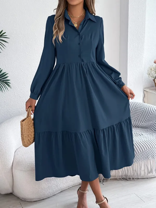 Women Fall Elegance Lapel Collar Button Front Shirt Dress Ruffle Trim Solid Midi Long Sleeve Wedding Dresses