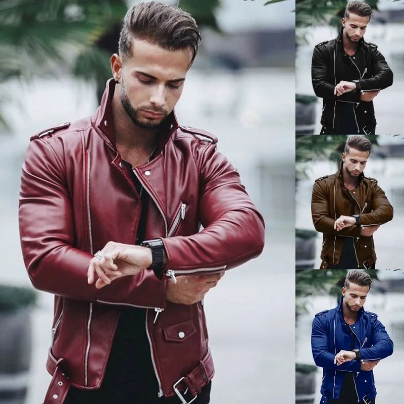 Fashion Leather Jackets Men Casual Slim Fit Turn Down Collar Male Jacket Men PU Leather Coat Men Autumn Winter Motorcycle Jacket — image 2
