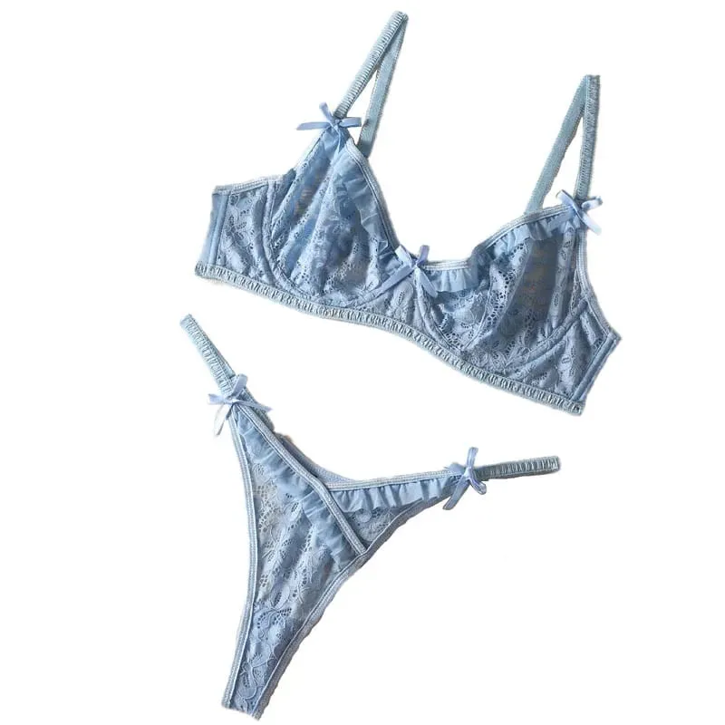 Romantikong Underwear Embroidery Magagandang Lace Bra at Thong Bow Sexy Backless Lingerie Suit na may Steel Rim Pambabaeng Brief Outfits — image 2