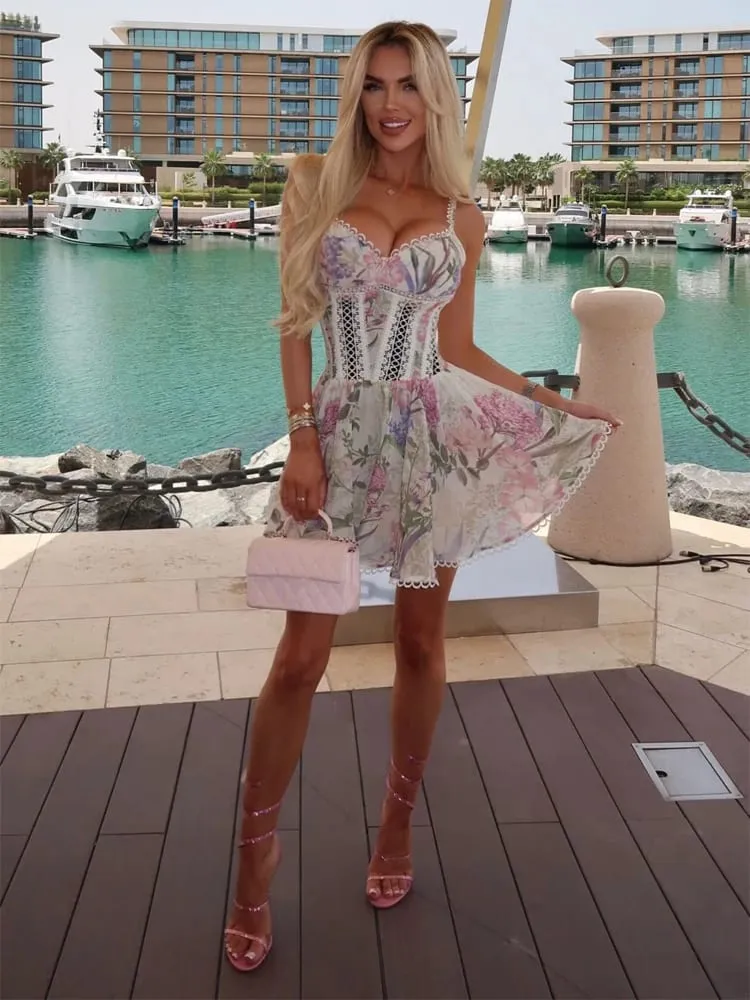 Women's Printed Dress V-neck Lace Hollow Out A-line Spaghetti Strap Pleated Lady Dresses 2026 Summer Chic Female Sexy Party Robe — image 6