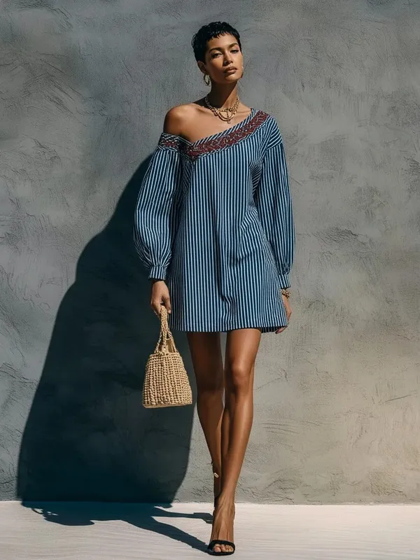 Loose Simple Dress With Stripes Fashionable Autumn Winter Street Style Long Sleeved Embroidered Shoulder Length Short Dresses