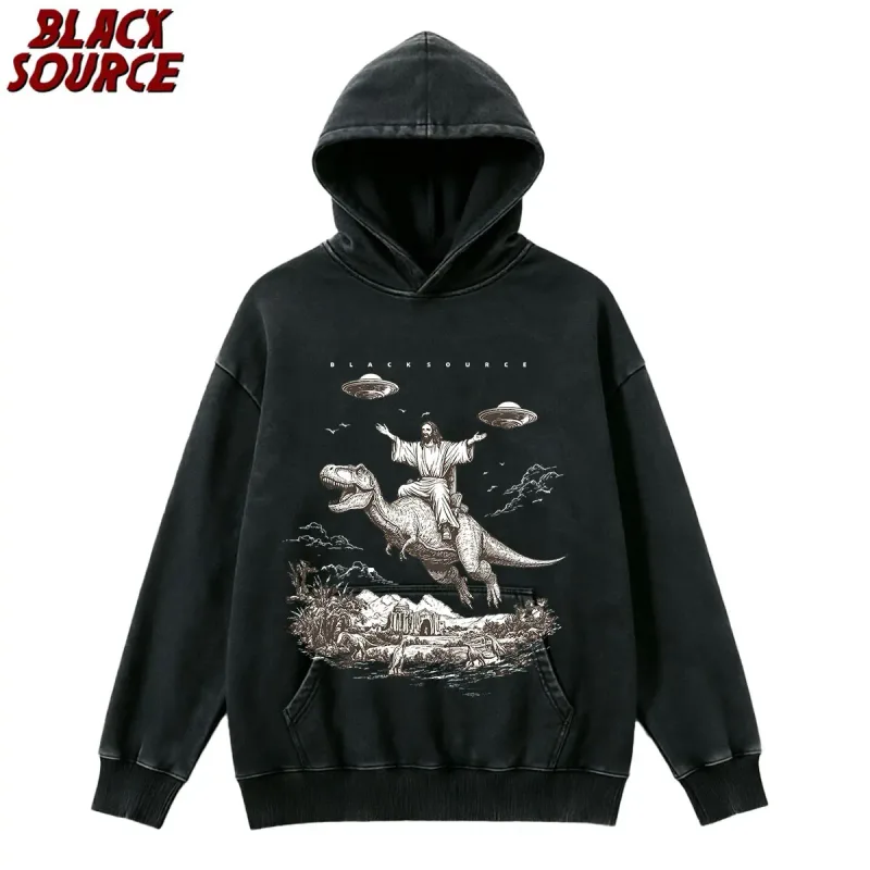 T075 Cartoon Dinosaur Print Hoodie, Women's Unisex Vintage Pullover Sweatshirt, Casual Distressed Design for Daily Wear