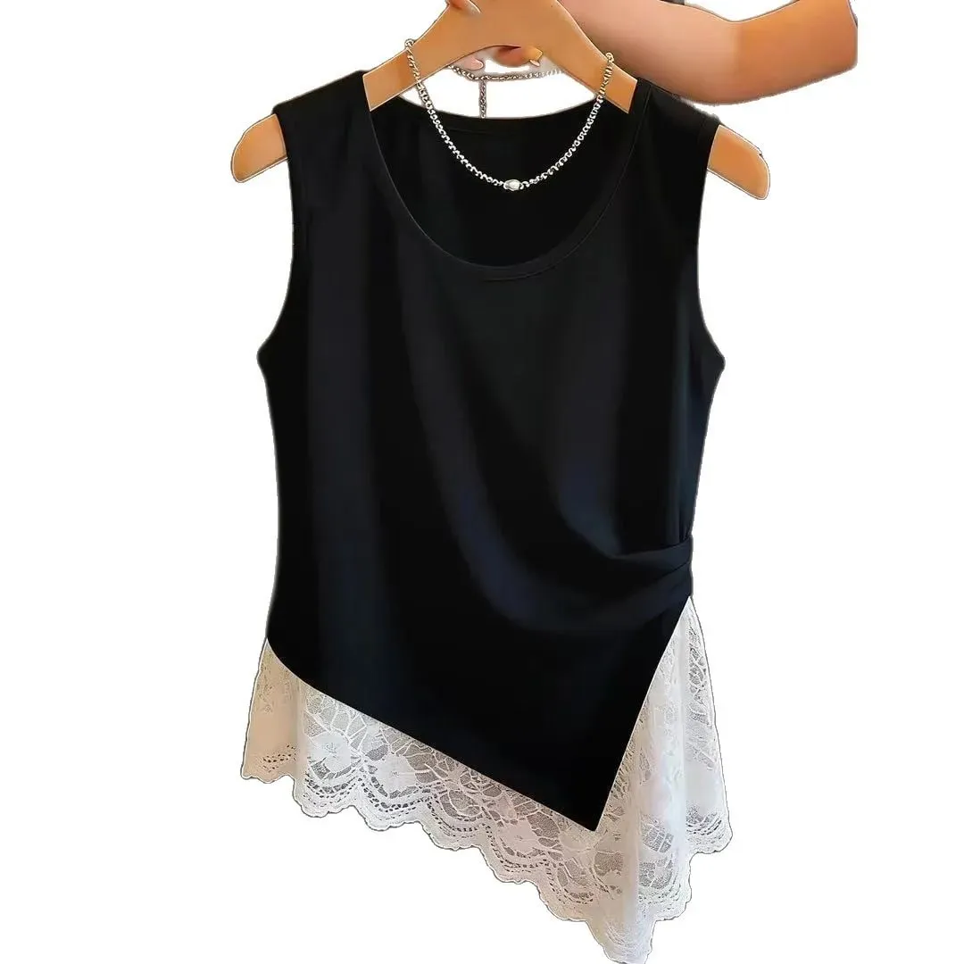 Tagsibol at tag-araw na malalaking sukat na damit ng kababaihan bagong commuter wind pleated na disenyo kahulugan lace lace splicing irregular vest — image 5