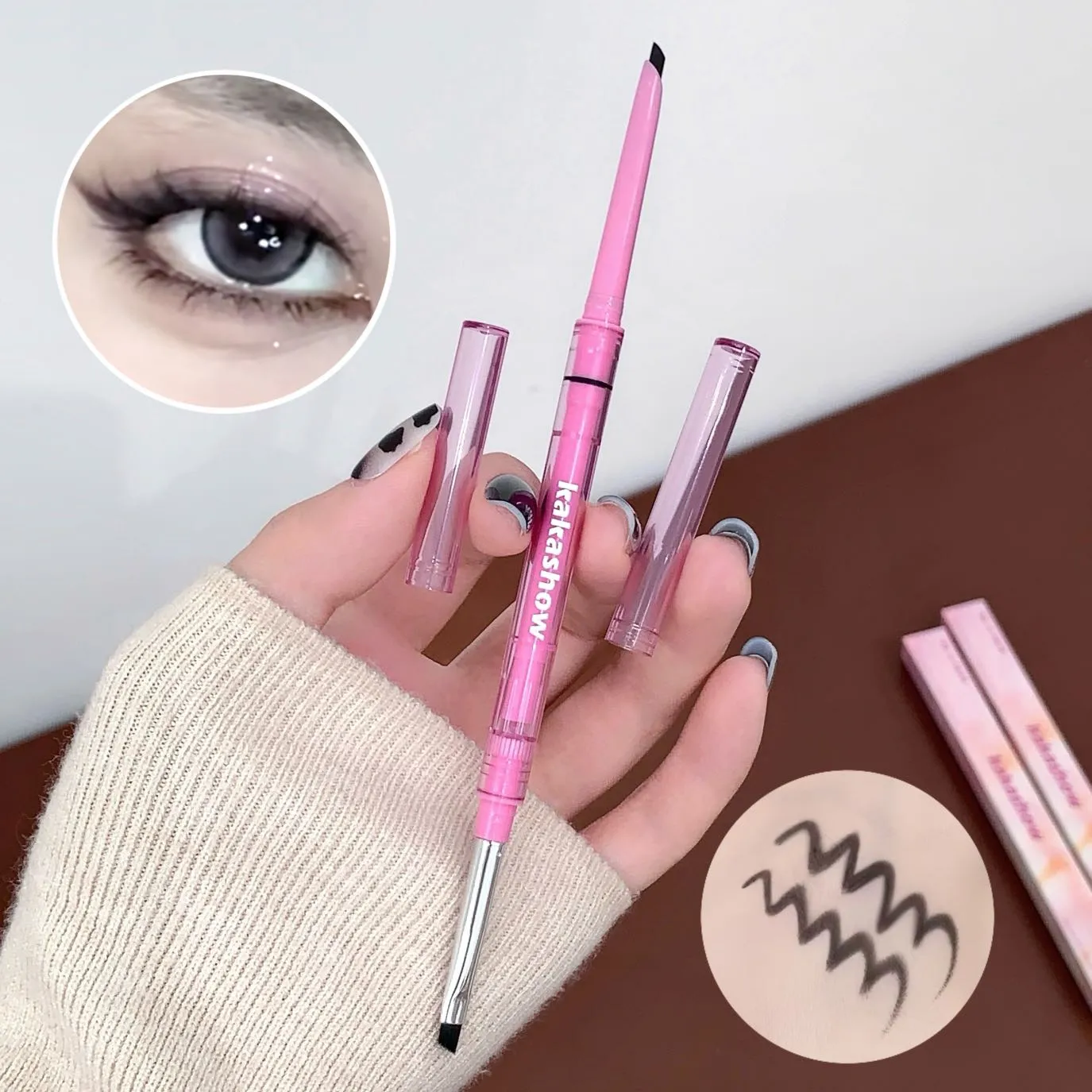 Double-headed Natural Black Eyeliner Gel na may Brush Smudge-Proof Waterproof Creamy Smooth Rose Pink para sa Brows at Under Eye Makeup
