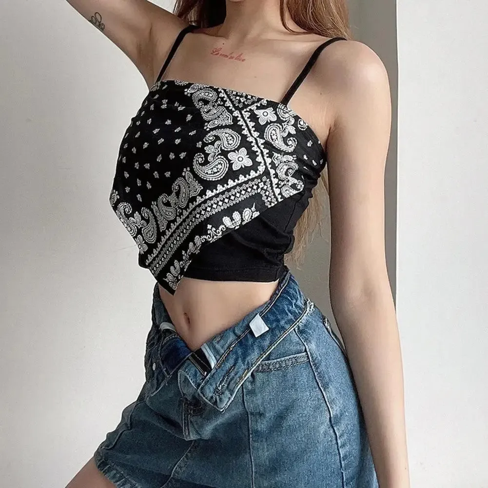 สปาเก็ตตี้สายคล้องคอเซ็กซี่Backless Camisoleพิมพ์เสื้อฤดูร้อนElegant Partyผู้หญิงCamisเกาหลีสไตล์เซ็กซี่สั้นTop