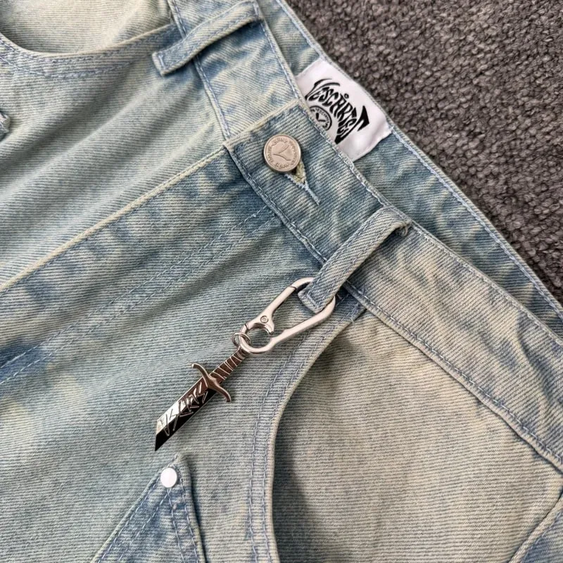 Blue Vescartes Cherry Blossom Knight Loose Straight Jeans High Quality Men Women Streetwear Fashion Denim Trousers Leather Label