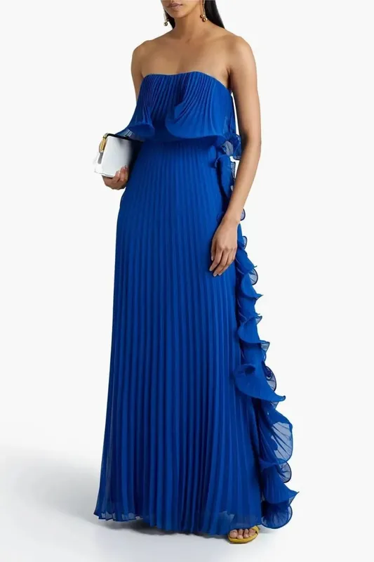 Trendy Women Summer Holiday Dress Orange Pleated Chiffon Long Formal Dresses Custom Made Ruffled Strapless Beach Party Dress — image 7
