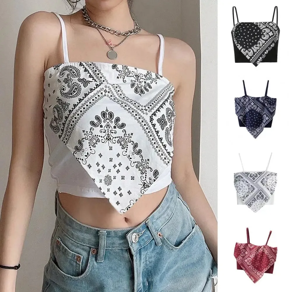 สปาเก็ตตี้สายคล้องคอเซ็กซี่Backless Camisoleพิมพ์เสื้อฤดูร้อนElegant Partyผู้หญิงCamisเกาหลีสไตล์เซ็กซี่สั้นTop
