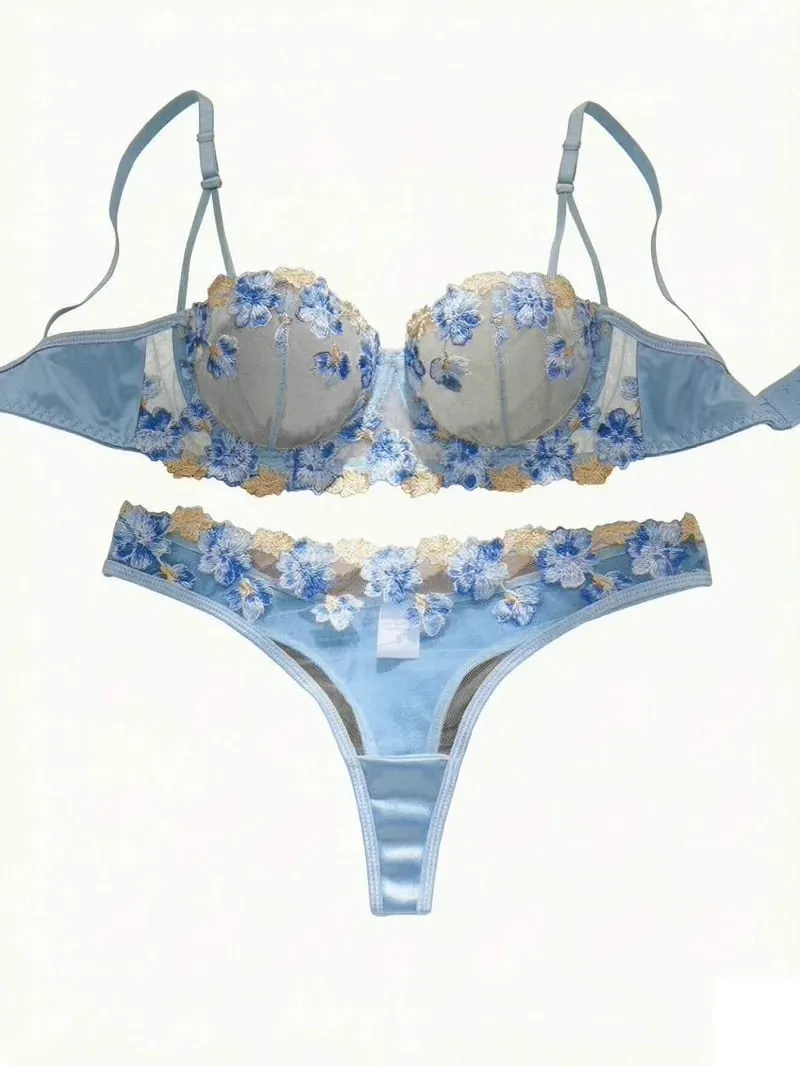 Romantic Fairy Floral Embroidery Lingerie Set Sheer Mesh Longline Bra Panty Set Women Sexy See‑Through Mesh Intimate Sleepwear — image 1