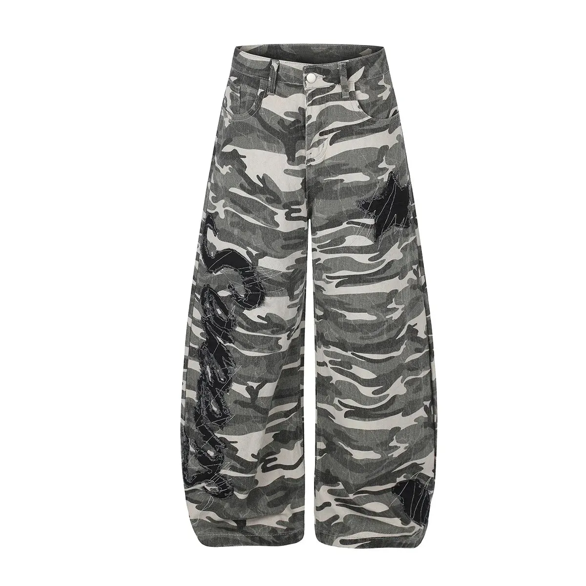2026 American High Street Vibe Camouflage Jeans Men's Wide-Leg Bottom Spliced Patch Embroidery Loose Fit Trousers 17522