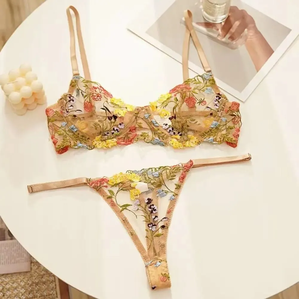Sheer Intimates Transparent Lingerie Set Ultra-thin Elegant Embroidery Floral Underwear Push Up Panties Bra Set Honeymoon — image 3