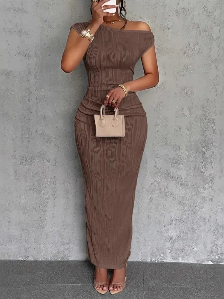 Módní vlnité šaty se šikmými rameny Dámské elegantní a jednoduché jednobarevné límec do áčka Mid pasem Sexy zavinovací sukně