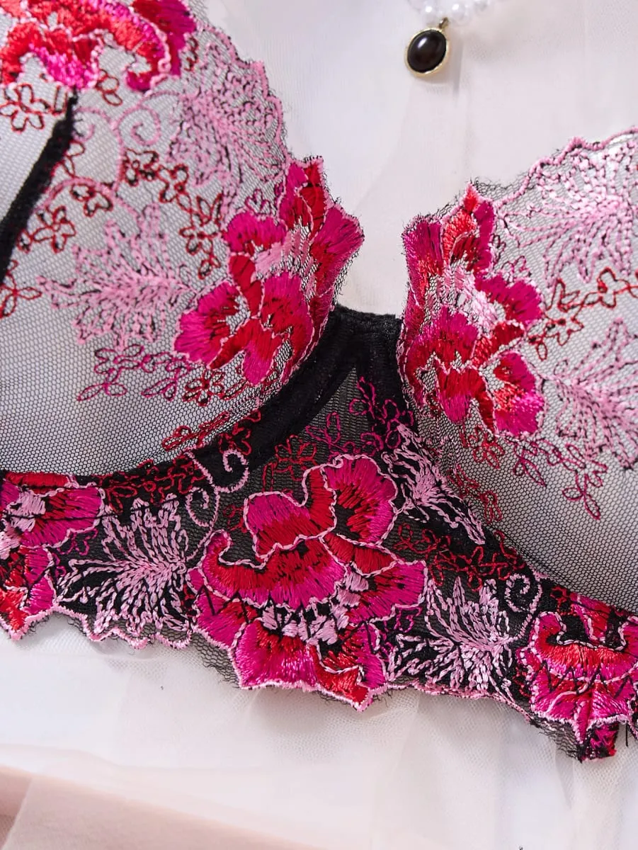 Elegant Black Floral Embroidered Lace Lingerie Set Women Push Up Bra Thong Satin Mesh Romantic Intimate Underwear ZA825146 — image 5