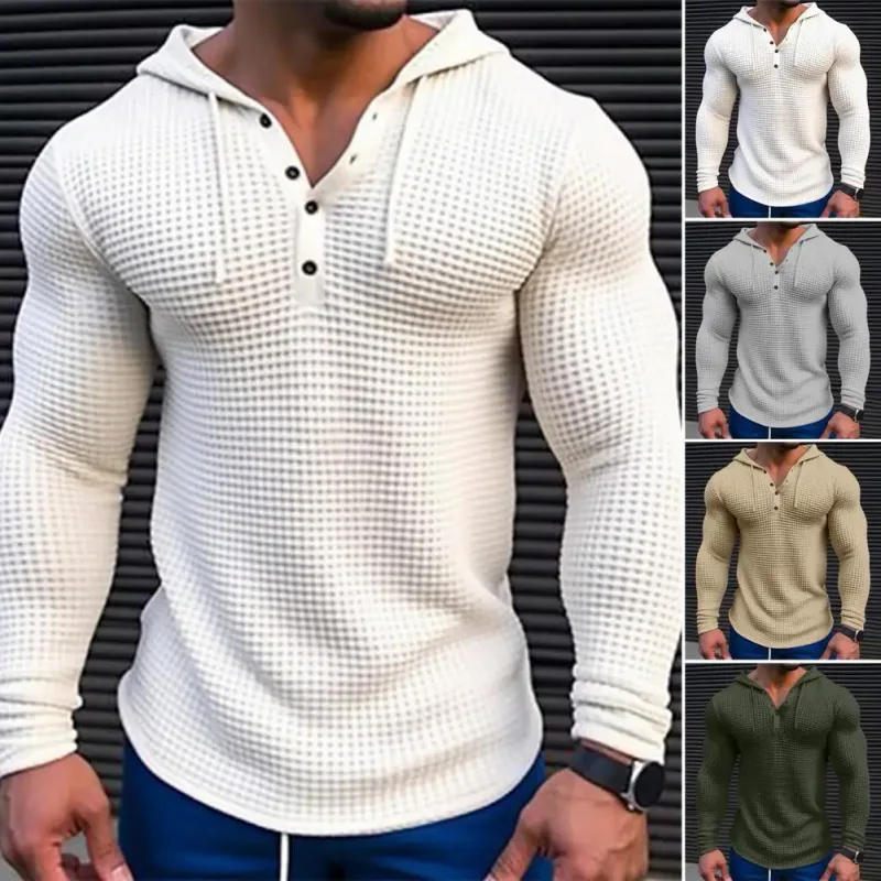 Warna Pepejal Musim Bunga Slim Fit Lengan Panjang T-shirt Lelaki Bertudung Bernafas Sukan Atasan Wafel Kapas Baju Lengan Panjang Kasual — image 5