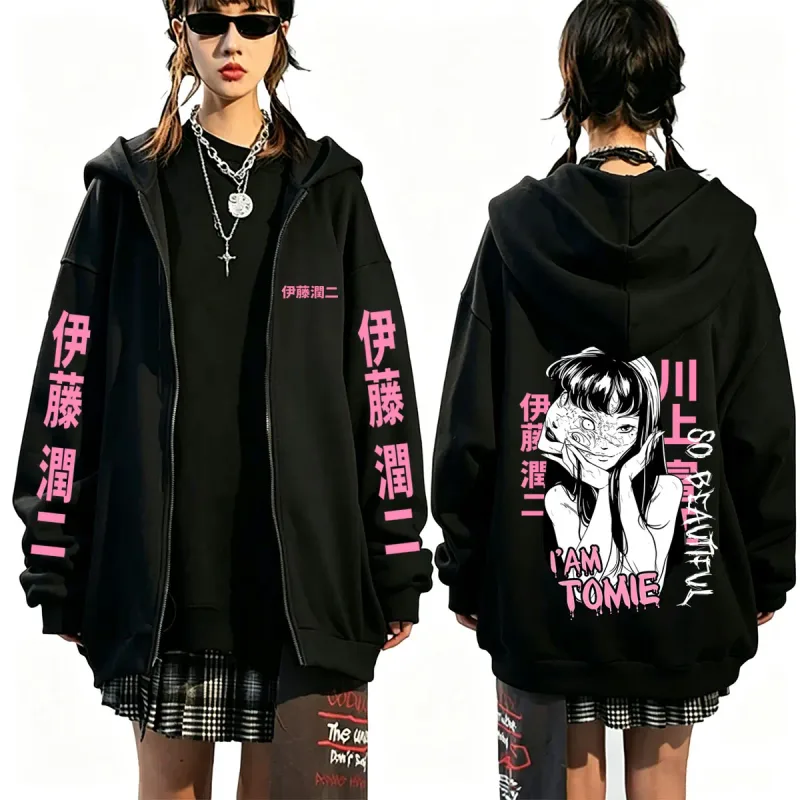 Anime Tomie Junji Ito Zipper Hoodie Men Women Vintage Manga Horror Gothic Zip Up Sweatshirts Men's Cosplay Retro Zip Up Jacket — image 1
